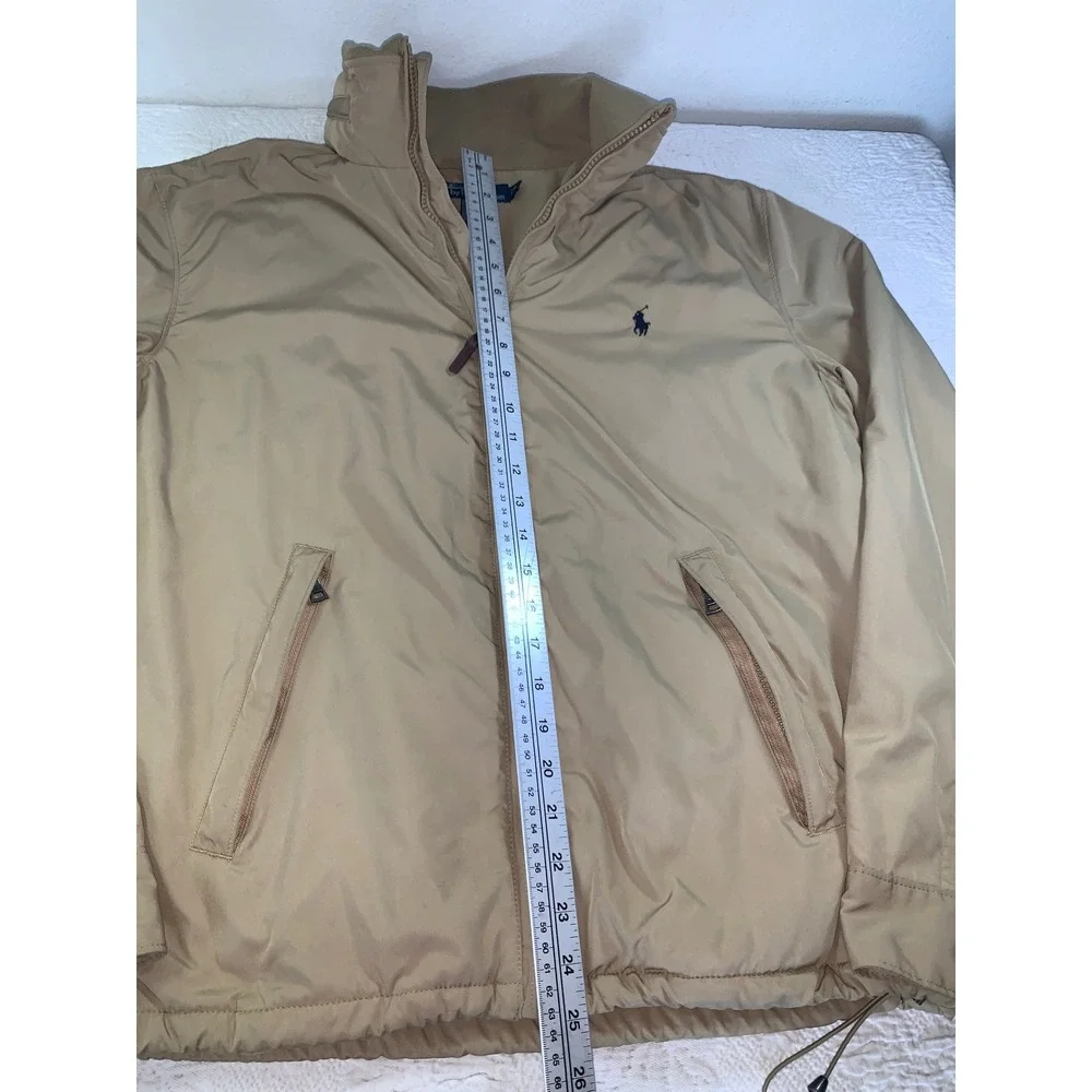 Polo Ralph Lauren Mens Tan Windbreaker Jacket Stowaway Hood Fleece Lined Large